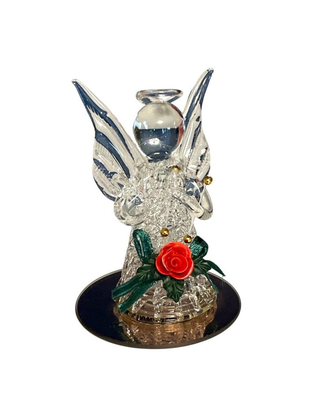 Vintage Spun Glass Angel Figurine Red Rose Mirrored Base 3.75"